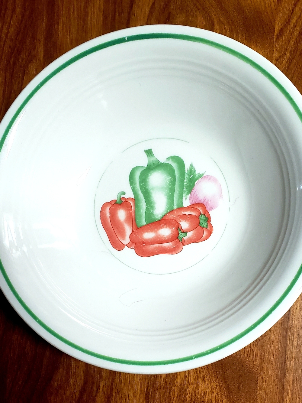 Vintage White Ceramic Serving Bowl with Green Rim and Vegetable Motif